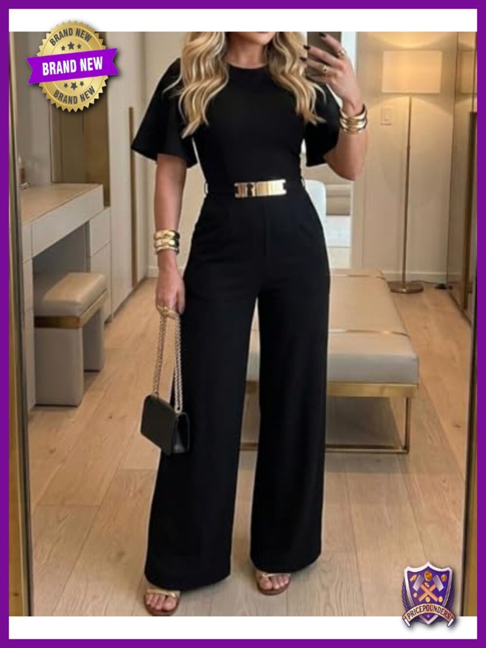 Women's Wide Leg Jumpsuit Short Sleeve Flutter Sleeve Metal Waist Detail Side - Picture 3 of 6